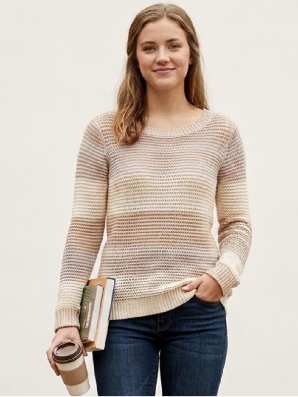 BP. Cream Sand Tan Beige Light Brown Striped Knit Cotton Blend Sweater Large